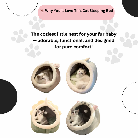 Cozy Cat Cave Bed – Soft, Foldable & Adorably Cartoon-Style